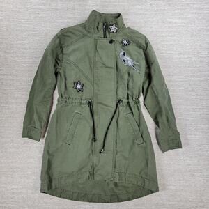 Cabi Bird Utility Jacket Women’s XXS Green Linen Sequin Appliqué Military Parka